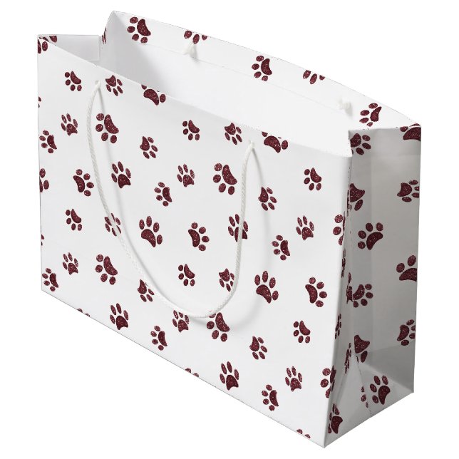 Rose Gold Glitter Paw Prints Pattern Large Gift Bag (Back Angled)