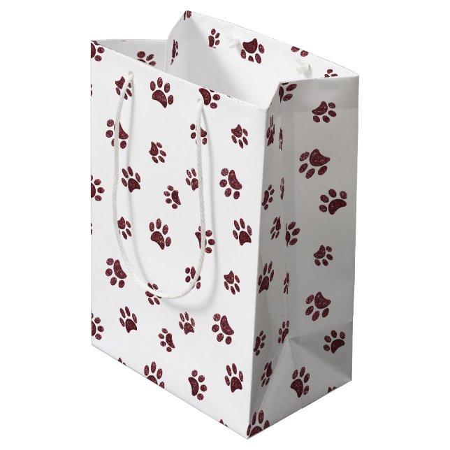 Rose Gold Glitter Paw Prints Pattern Medium Gift Bag (Back Angled)