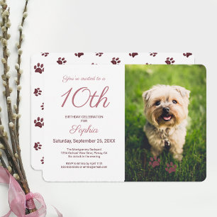 Rose Gold Glitter Paw Prints Pet Birthday Photo Invitation
