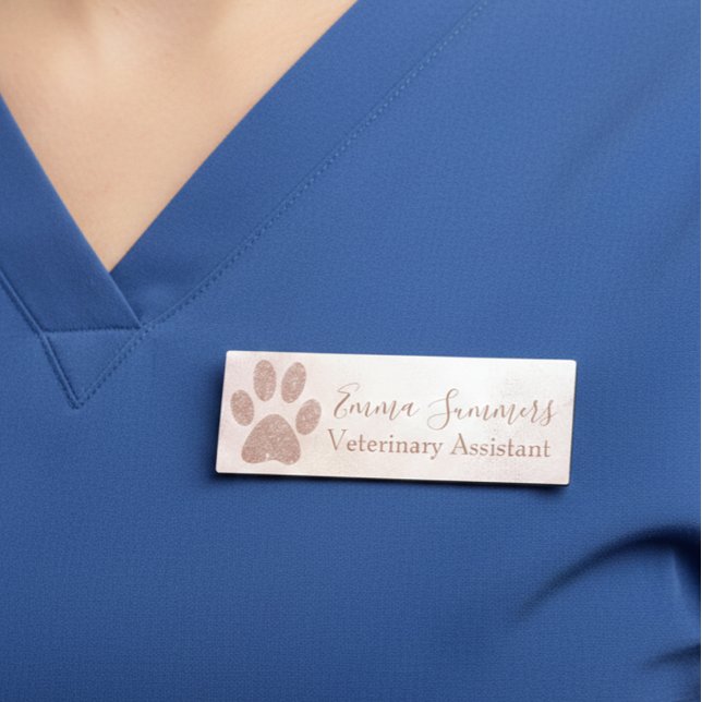 Rose Gold Glitter Paw Veterinary Business Name Tag (Creator Uploaded)