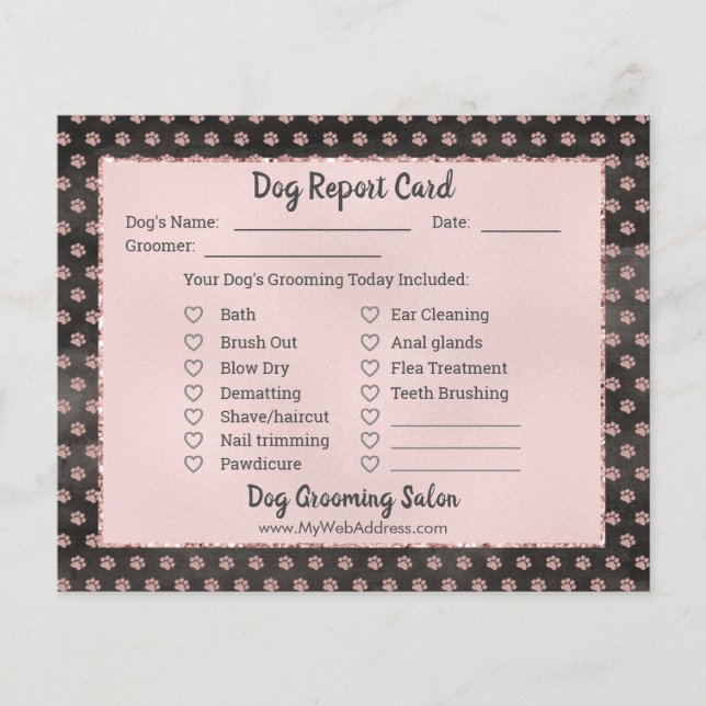 Rose Gold Glitter Paws Dog Grooming Report Card  (Front)