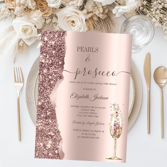 Rose Gold Glitter Pearls & Prosecco Bridal Shower Invitation (Creator Uploaded)