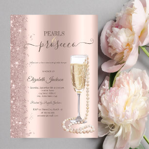 Rose Gold Glitter Pearls & Prosecco Bridal Shower  Invitation