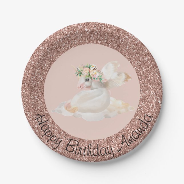 Rose Gold Glitter Pegasus Unicorn Birthday Party Paper Plate (Front)