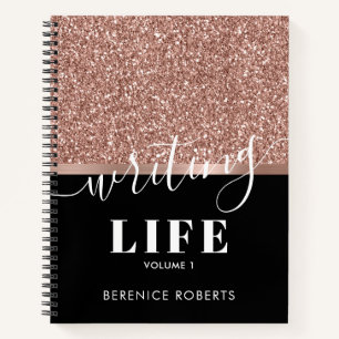 Rose Gold Glitter Personalised Black Writers Notebook