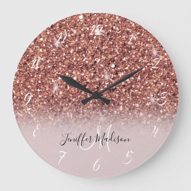 Rose gold glitter Personalised Name                Large Clock (Front)