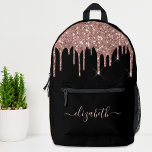 Rose Gold Glitter Personalised Printed Backpack<br><div class="desc">Personalised chic and girly black backpack with elegant rose gold faux glitter drips. Personalise with your name in a stylish trendy light rose gold script with swashes. If needed,  you can adjust the size of the script font in the design tool for shorter or longer names.</div>