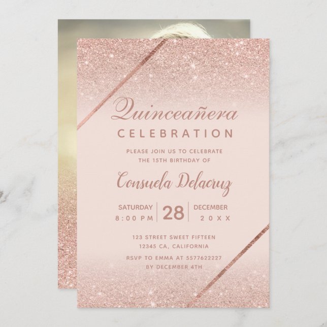 Rose gold glitter photo blush pink Quinceanera Invitation (Front/Back)