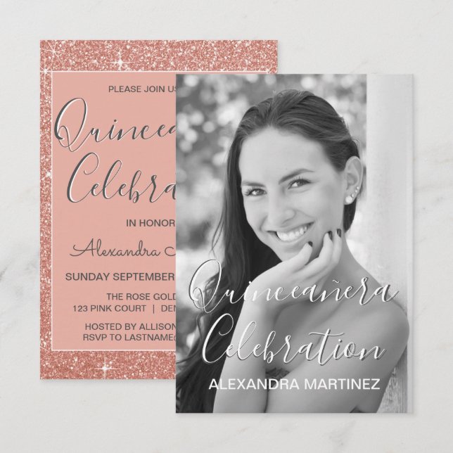 Rose Gold Glitter Photo - Quinceanera Celebration Invitation (Front/Back)
