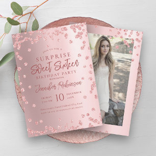 Rose Gold Glitter Photo SURPRISE Sweet 16   Invitation
