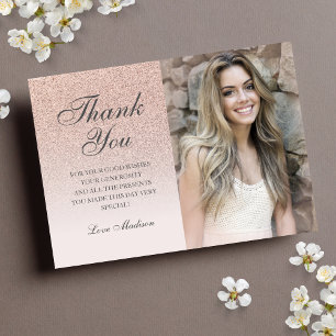 Rose gold glitter photo thank you chic Quinceañera Card