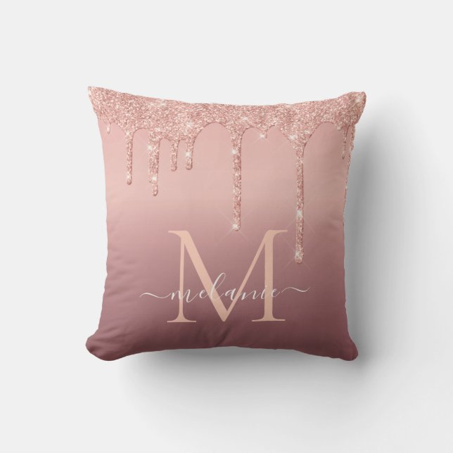 Rose Gold Glitter Pillow Custom Name and Letter (Front)