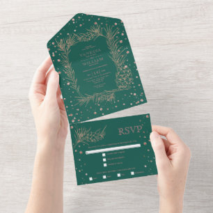 Rose gold glitter pine, confetti evergreen wedding all in one invitation