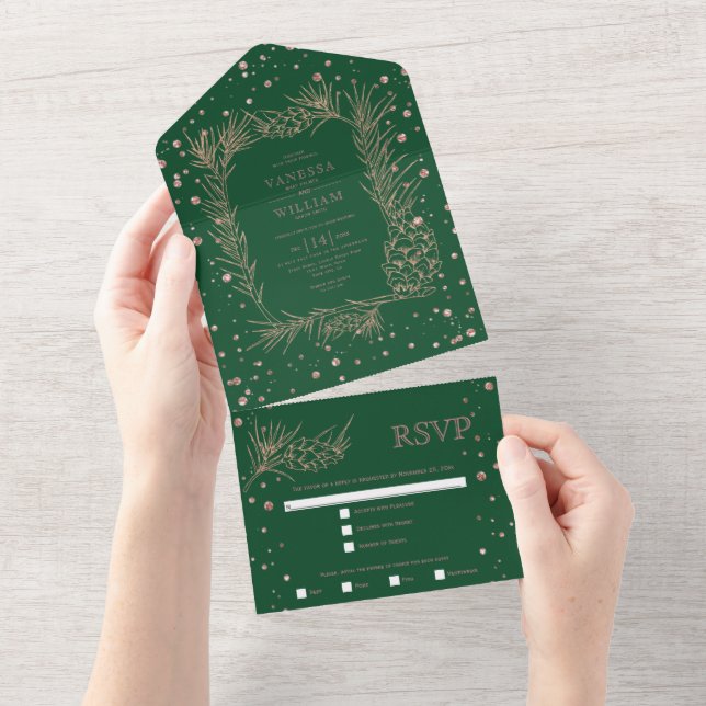 Rose gold glitter pine emerald green wedding all in one invitation (Tearaway)