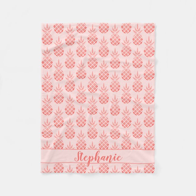Rose Gold Glitter Pineapple Script Name Pink Fleece Blanket (Front)