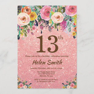 Rose Gold Glitter Pink Floral 13th Birthday Invitation