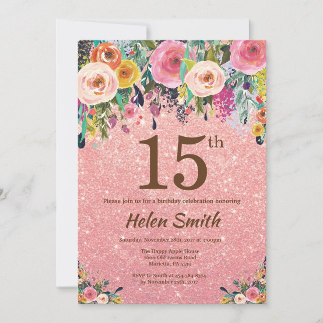 Rose Gold Glitter Pink Floral 15th Birthday Invitation (Front)