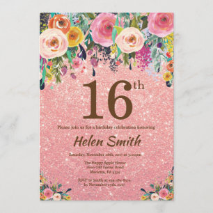Rose Gold Glitter Pink Floral 16th Birthday Invitation