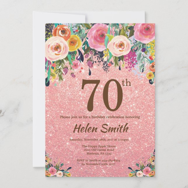 Rose Gold Glitter Pink Floral 70th Birthday Invitation (Front)