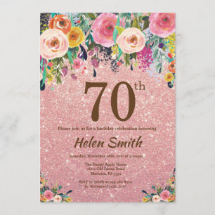 Rose Gold Glitter Pink Floral 70th Birthday Invitation