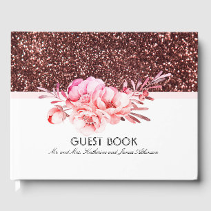 Rose Gold Glitter Pink Floral Bouquet Wedding Guest Book