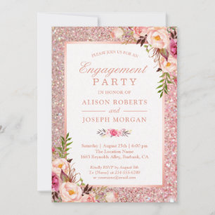 Rose Gold Glitter Pink Floral Engagement Party Invitation