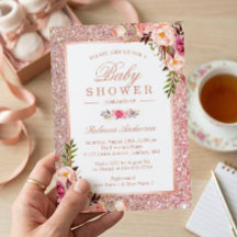 Rose Gold Glitter Pink Floral Girl Baby Shower