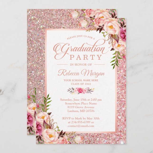 Rose Gold Glitter Pink Floral Graduation Party Invitation (Front/Back)