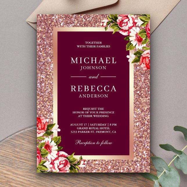 Rose Gold Glitter Pink Floral Magenta Wedding Invitation (Creator Uploaded)