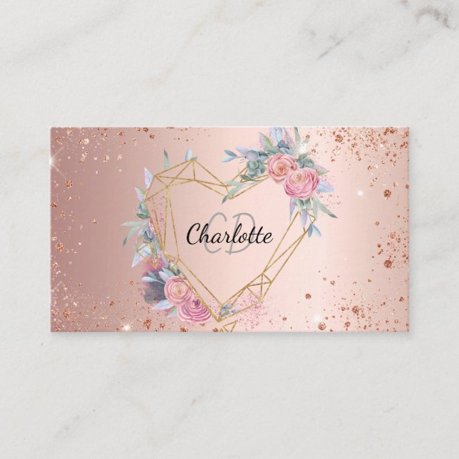 Rose gold glitter pink floral makeup hair beauty business card (Front)