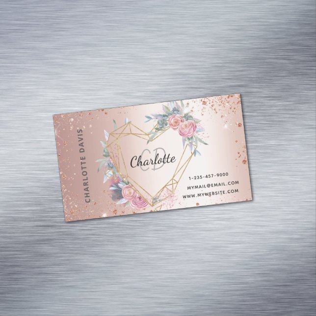 Rose gold glitter pink floral makeup hair beauty 	Magnetic business card (In Situ)