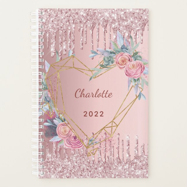 Rose gold  glitter pink floral monogram 2026 planner (Front)