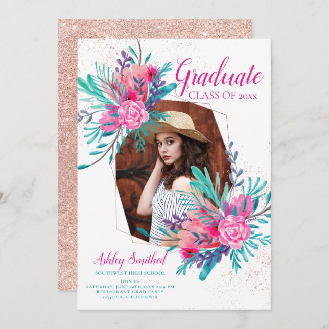 Rose gold glitter pink floral photo graduation invitation (Front/Back)