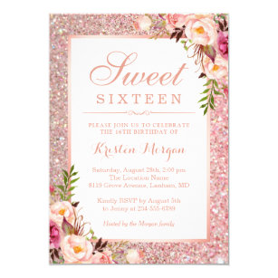 Rose Gold Glitter Pink Floral Sweet 16 Birthday Invitation
