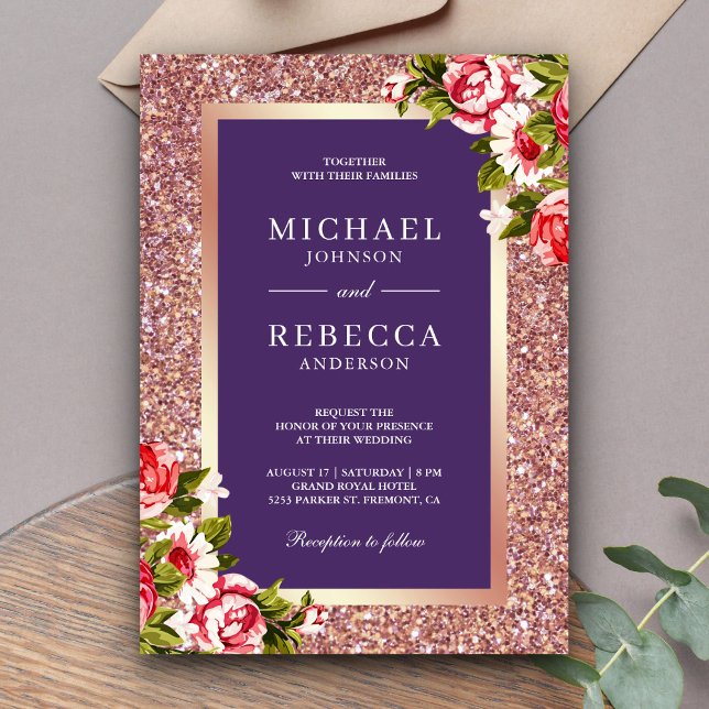 Rose Gold Glitter Pink Floral Violet Wedding Invitation (Creator Uploaded)
