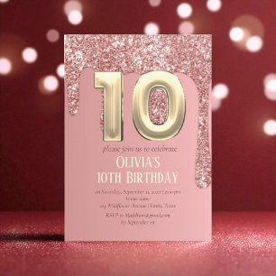 Rose Gold Glitter Pink Girl Girly 10th Birthday Invitation
