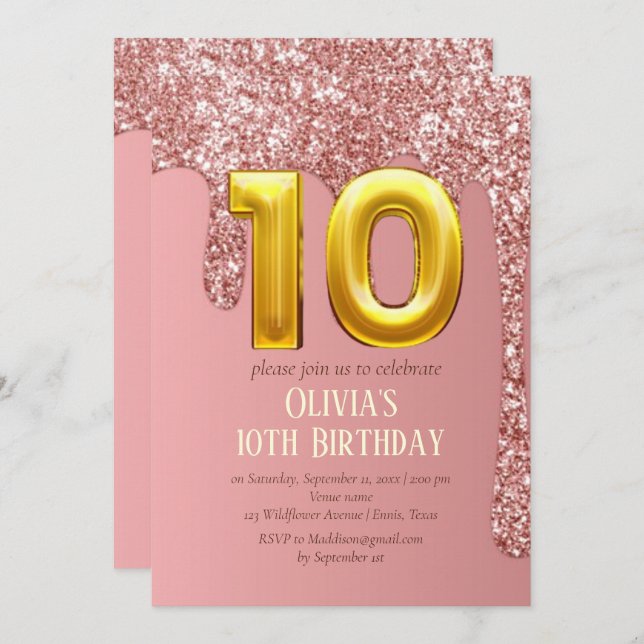 Rose Gold Glitter Pink Girl Girly 10th Birthday  Invitation (Front/Back)