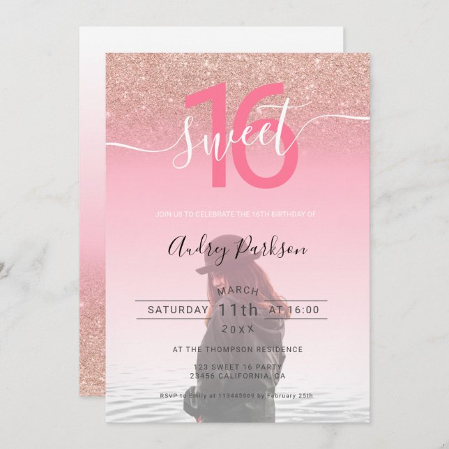 Rose gold glitter pink gradient photo sweet 16 invitation (Front/Back)