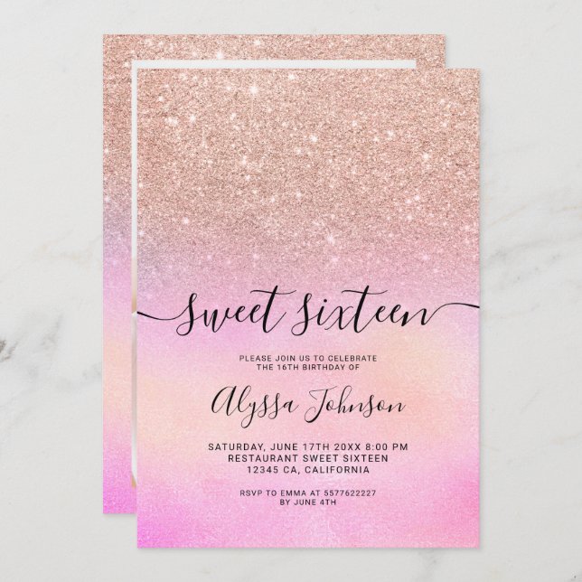 Rose gold glitter pink holographic photo sweet 16 invitation (Front/Back)