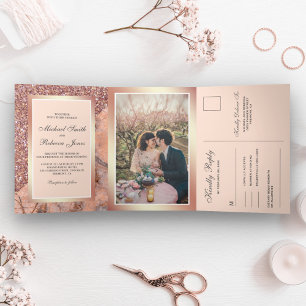 Rose Gold Glitter Pink Marble All in One Wedding Tri-Fold Invitation