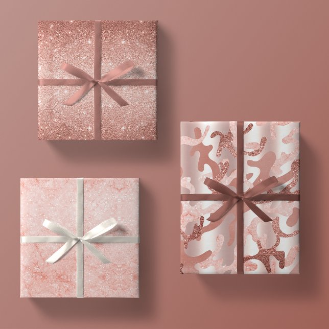 Rose Gold Glitter, Pink Marble + Glamouflage Camo Wrapping Paper Sheet (Creator Uploaded)