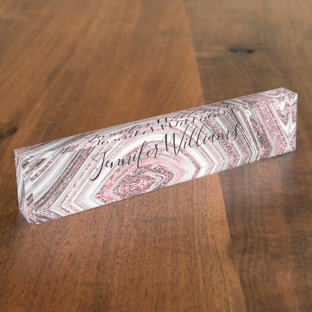 Rose Gold Glitter Pink Marble Sparkly Stylish Nameplate (Side)
