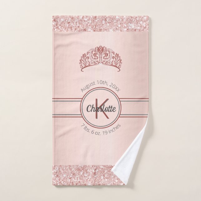 Rose gold glitter pink monogram baby princess bath towel set (Hand Towel)