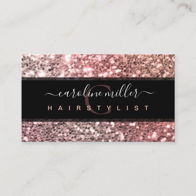 Rose Gold Glitter Pink Monogram Beauty Salon Business Card (Front)