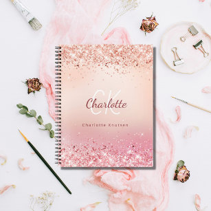 Rose gold glitter pink monogram diary  notebook