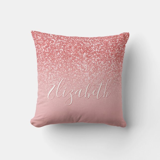 Rose Gold Glitter Pink Ombre Name Cushion (Front)