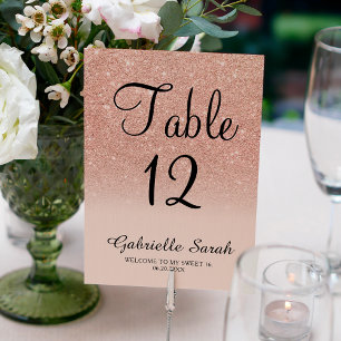 Rose gold glitter pink ombre sweet 16 table number