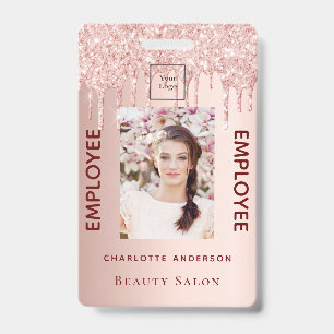 Rose gold glitter pink photo beauty salon employee ID badge