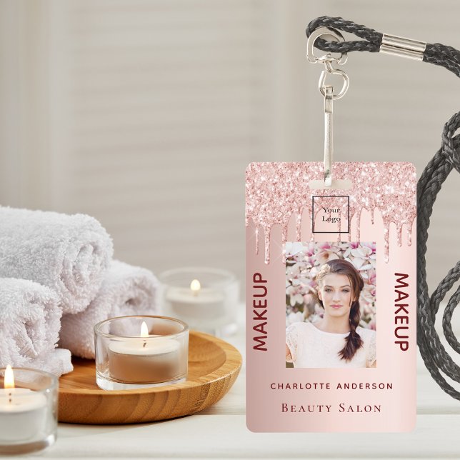 Rose gold glitter pink photo beauty salon makeup ID badge (Creator Uploaded)