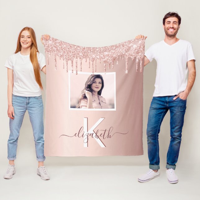 Rose gold glitter pink photo monogram fleece blanket (In Situ)